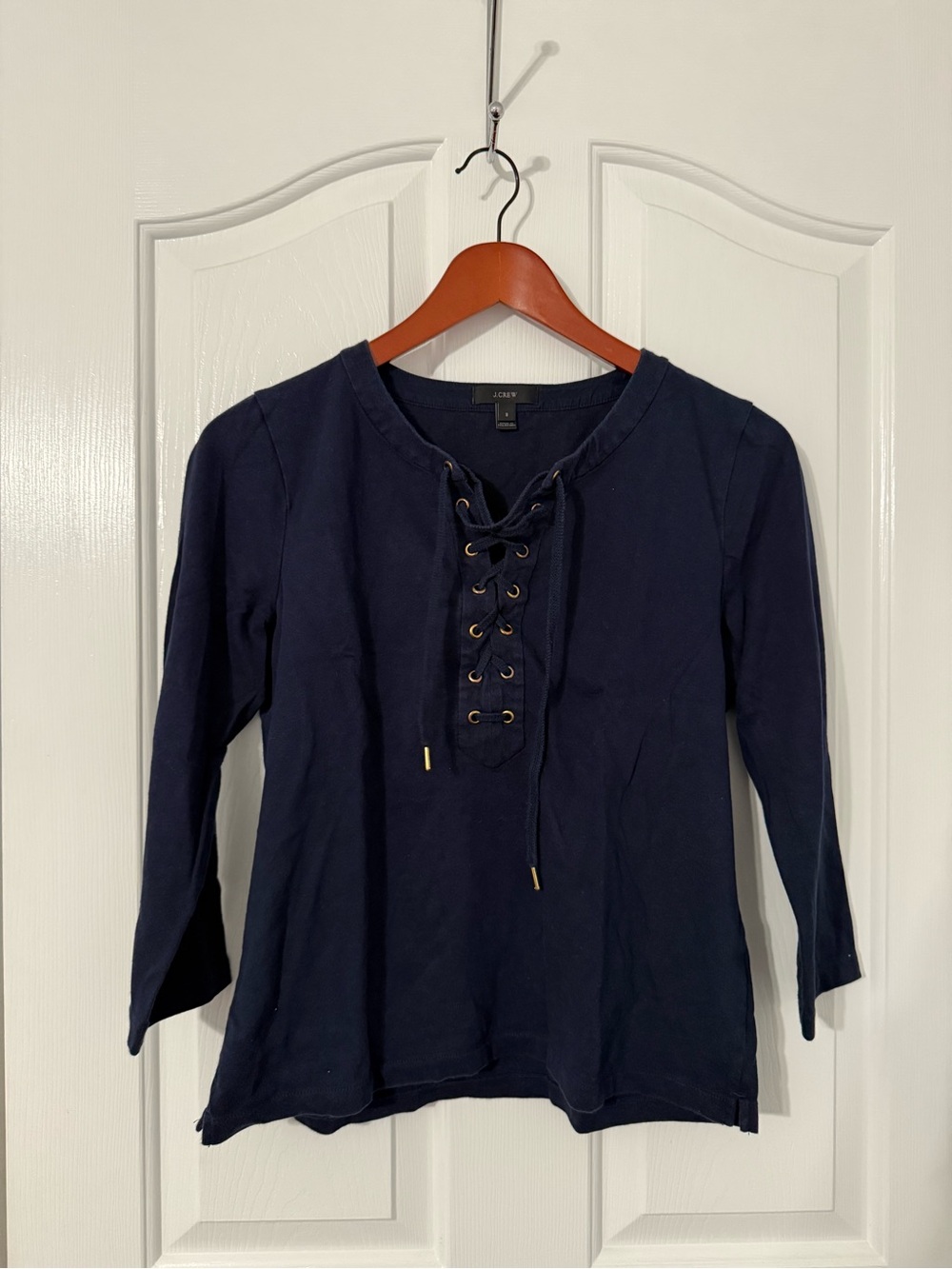 J. Crew Navy Lace-Up Long Sleeve Tee with Gold Eyelets